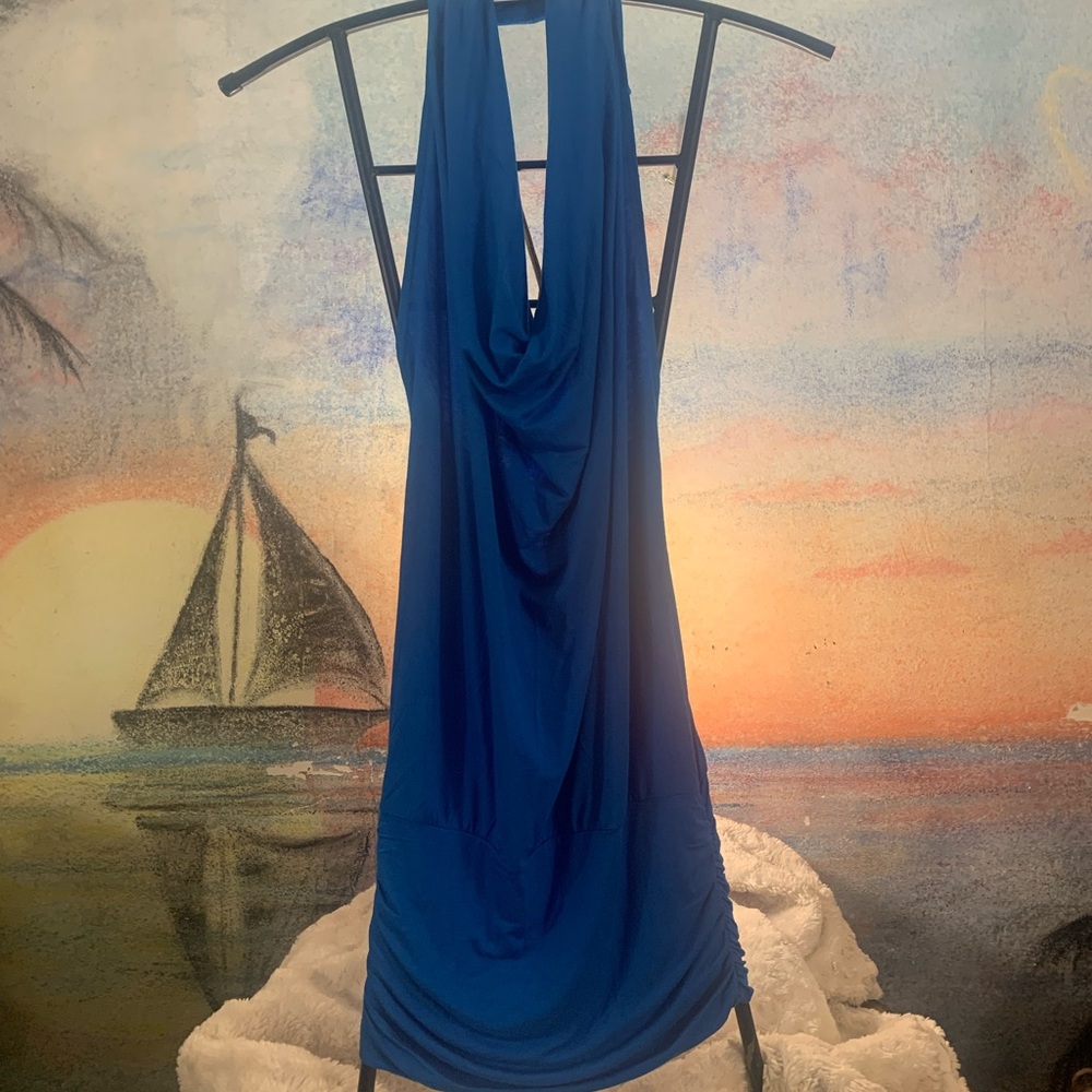 Bebe elegant/sexy Blue Dress w/ Gold Chains crossed in back.